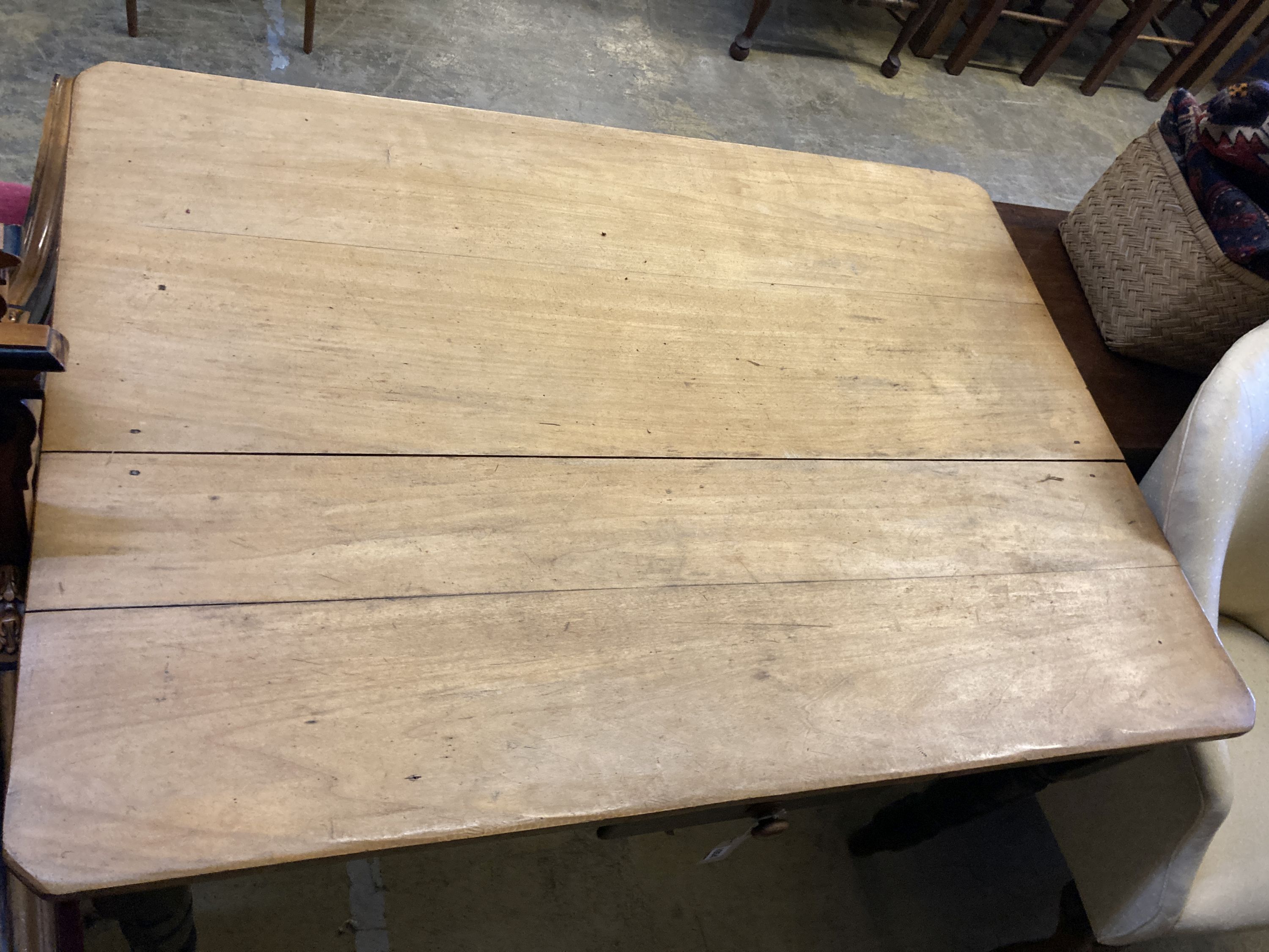 A Victorian rectangular pine kitchen table, fitted drawer, width 122cm, depth 87cm, height 75cm
